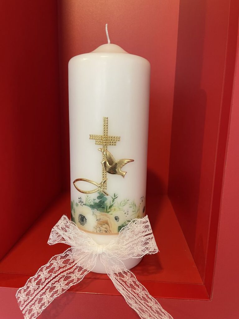  Moderne Kerze mit "Blütenbordüre" Kreuz Taube und Fisch
